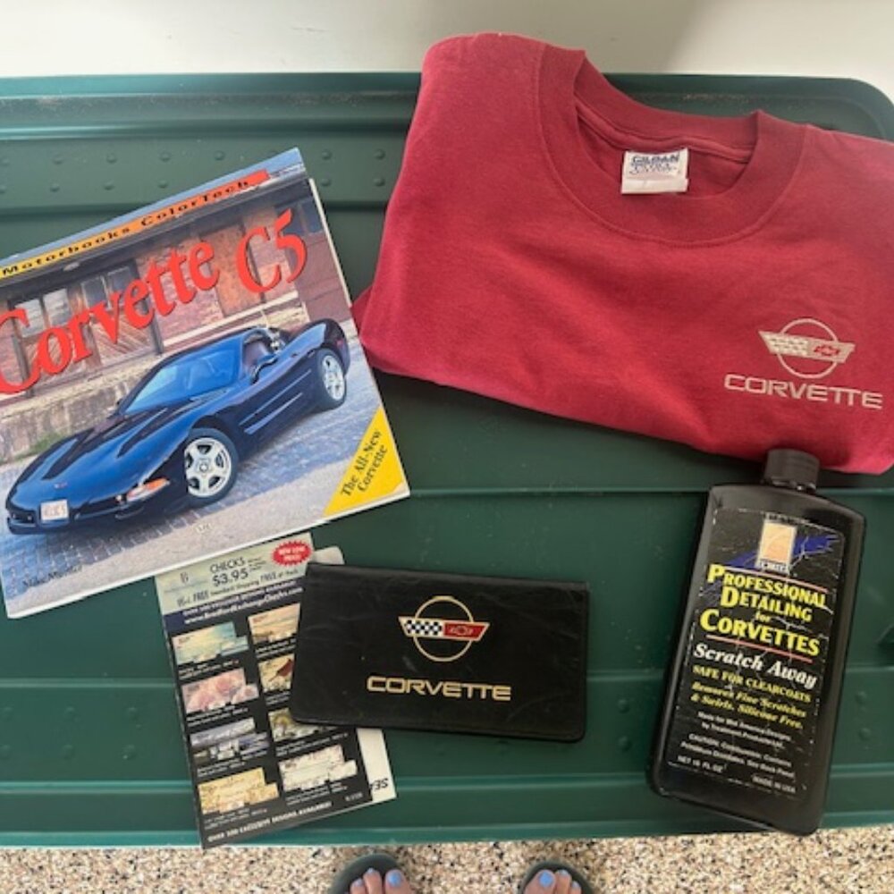 Corvette Tee Shirt, Small, New + Book+ new Corvette Leather Checkbook etc
